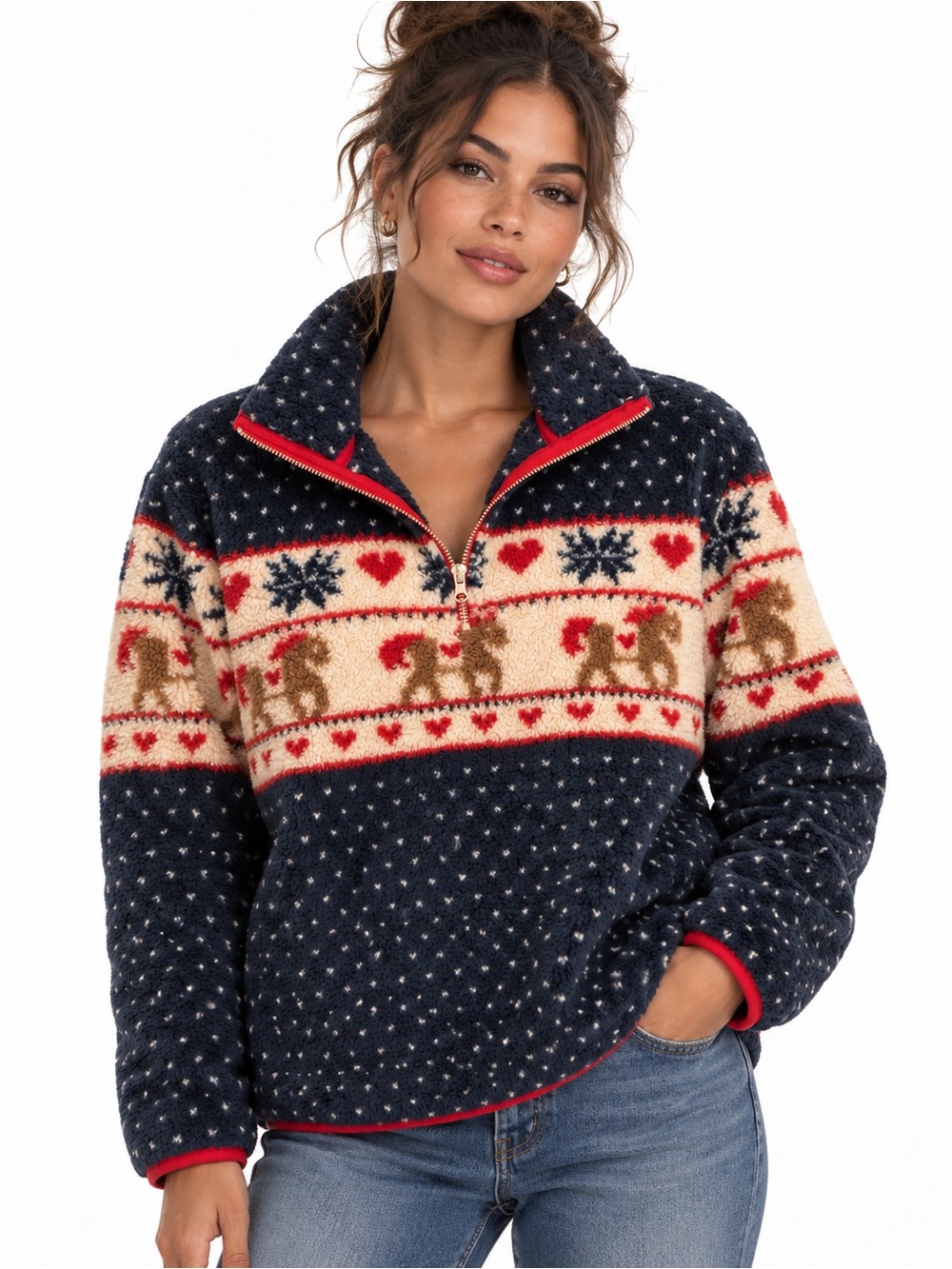 Women’s Navy Fair Isle Sherpa Teddy Jacket with Reindeer Detail